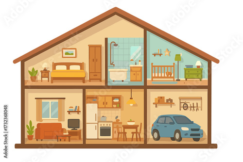 House in cutaway view showing detailed interior. Cross-section of a home with rooms and furniture. Includes bedroom, living room, kitchen, bathroom, nursery, and garage. Flat vector.