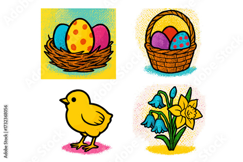 Happy Easter vector icon set. Pop art halftone collage. Square illustrations of eggs in nest, basket, baby chick, spring flowers. Holiday, celebration, cartoon symbol.