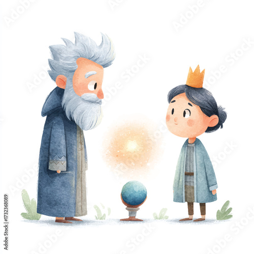 Enchanting Encounter - Wizard and Young Prince Gazing at Glowing Orb.