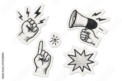 Vector set of retro torn paper stickers. Halftone hand drawn doodle collage with loudspeaker, protest fist, pointing finger. Grunge announcement and sale design elements.
