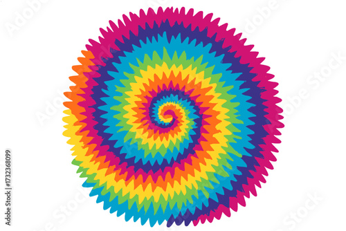 Groovy 70s tie dye spiral background. Abstract psychedelic swirl pattern. Hippie retro rainbow circle. Festive colorful boho vector illustration for crazy fun festival design.
