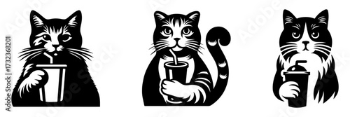 Modern Minimalist American Bobtail Icon, Flat Silhouette of a Cat with Half Body Holding Soda Cup Vector for Beverage Illustration Design