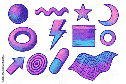 Retro futuristic Y2K shapes set with dotted halftone texture. Abstract universal geometric elements with glitch noise effect for aesthetic collage. 3D icons with vaporwave gradient.