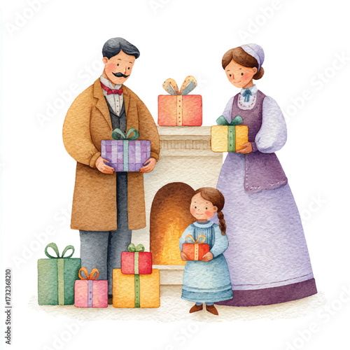 Family celebrating christmas with gifts by fireplace.