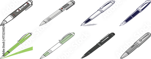 Set of black and silver pens isolated on white background