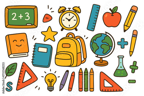Back to school doodle set. Cute cartoon collection of education icons and symbols. Vector illustration of school supplies, stationery, backpack, globe, book, pencil, apple.