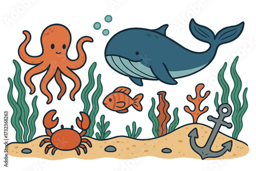 Cute sea animals cartoon vector set. Underwater marine life illustration with octopus, whale, fish, crab, and anchor on the seabed. Hand drawn flat ocean world background.