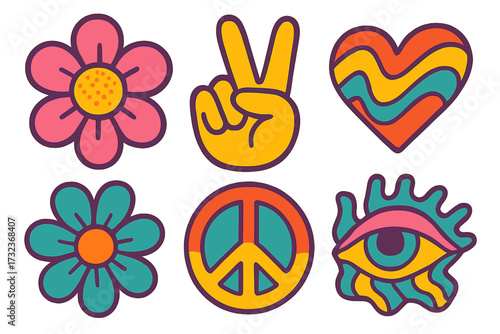 Psychedelic groovy symbols set. Weird abstract funny elements for surreal trip. 70s and 80s trendy signs in acidic bright colors. Flower, peace sign, hand, and heart icons.