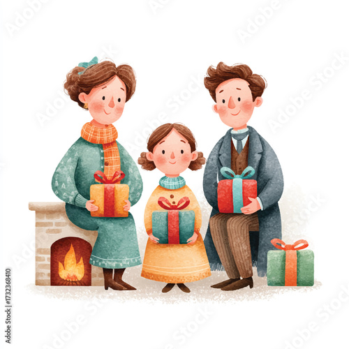 Family Gathered Around Fireplace with Gifts.