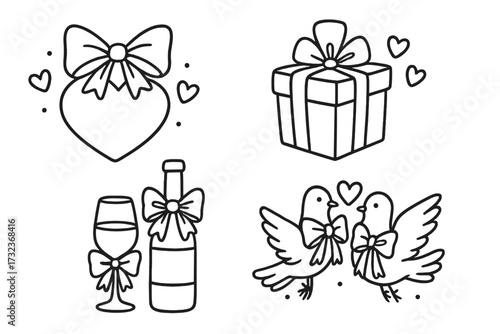 Coquette Valentine's Day line art icon set. Hand drawn doodle illustrations of heart, gift box, wine, and love birds with bows. Cute romantic symbols for greeting cards.