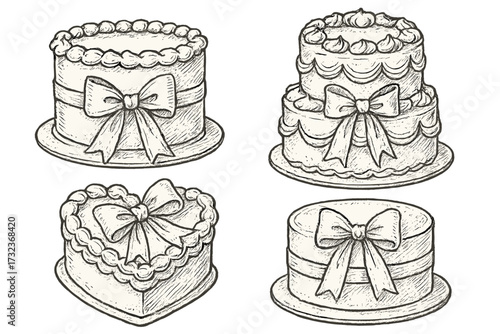 Set of birthday and wedding cakes with bows in a coquette retro sketch style. Vector hand-drawn illustration collection of sweet desserts. Holiday party clipart for greeting cards.