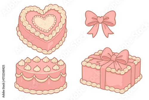Coquette cakes set. Vintage pink cake clipart collection. Heart shaped cake, round pastry, gift box with bow. Girly, aesthetic dessert for birthday and valentine's day.