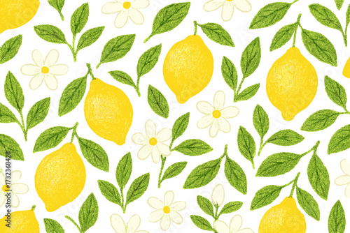 Lemon fruit and flower seamless pattern. Hand drawn vector illustration with crayon texture. Italian Amalfi style citrus background. La dolce vita summer vibes for decor.