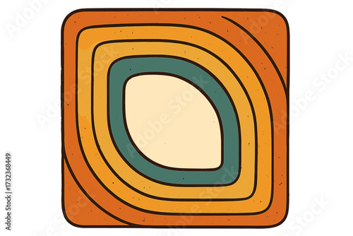 Retro groovy 70s abstract background. Vintage striped square frame with rounded corners. Hand drawn psychedelic wave illustration in warm colors. Hippie style template.