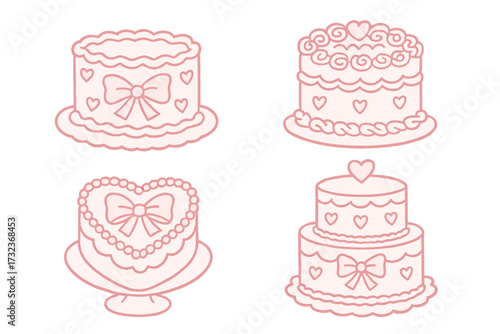 Coquette cakes set. Vintage cake collection with retro cream decorations, bows, hearts. Valentine's day pink coquettish clipart. Hand drawn doodle linear vector illustration.