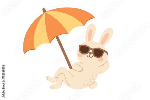 Cute rabbit in sunglasses sunbathing under a sun umbrella. Funny bunny on summer vacation. Cool animal character relaxing on a beach holiday. Flat vector cartoon illustration.