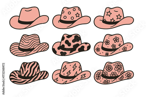 Collection of retro pink cowgirl hats with various patterns like cow print, zebra, and flowers. Groovy 60s cowboy western theme for bachelorette party. Hand drawn flat vector icons.