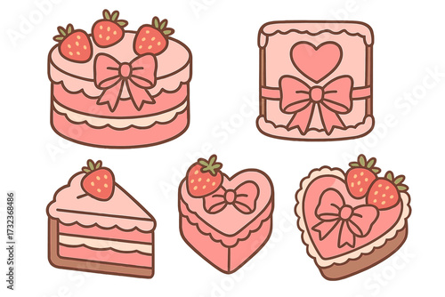 Coquette cakes set with bows, strawberries. Heart shaped dessert in retro 90s Y2K style. Trendy vintage pink girly aesthetic vector cartoon. Valentines day food illustration.