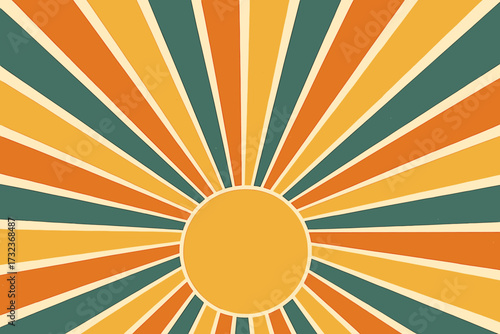 Retro sunburst background in 70s style. Groovy vintage banner with sun rays. Aesthetic summer sunrise backdrop. Flat geometric illustration, starburst pattern, nostalgic feel.