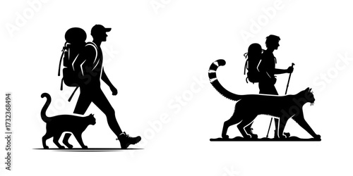 Modern Minimalist American Bobtail Icon, Flat Silhouette of a Full Human Body Hiking Outdoor Vector for Adventure Illustration Design