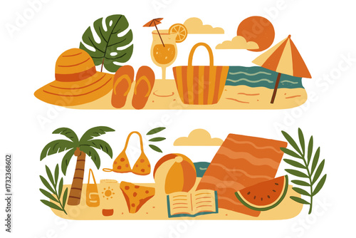 Summer beach vacation elements banners. Retro hand drawn vector set with palm tree, sun, bikini, cocktail, hat, book. Flat cartoon illustration for holiday, travel, sale design.