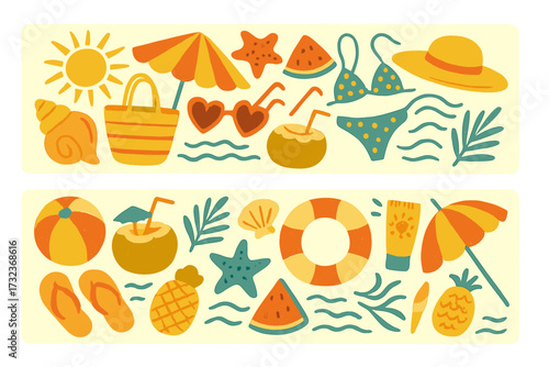 Set of retro summer beach vacation elements. Hand drawn flat vector icons collection for holiday design. Sun, bikini, umbrella, sunglasses, pineapple, and coconut drink cartoon.