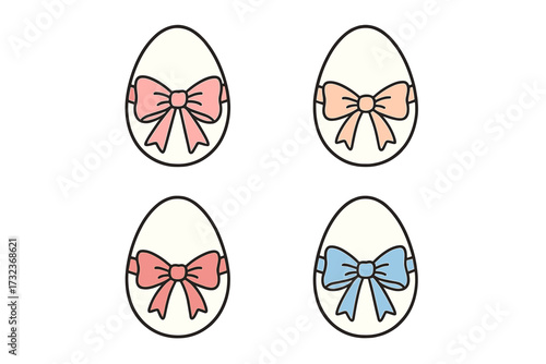 Coquette Easter eggs set with beautiful ribbon bows. Cute religious holiday egg collection. Hand drawn flat design contour vector illustration. Pastel color aesthetic cartoon.