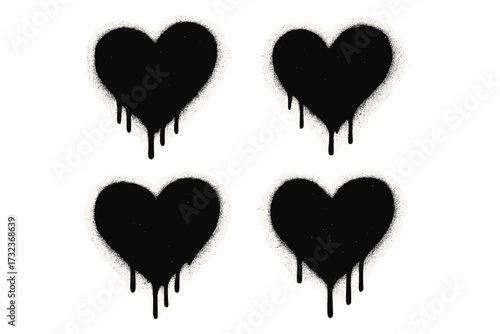 Set of spray graffiti hearts painted in black on white. Love heart symbol with leaks and drips. Dripping paint texture. Grunge vector illustration. Urban street art element.