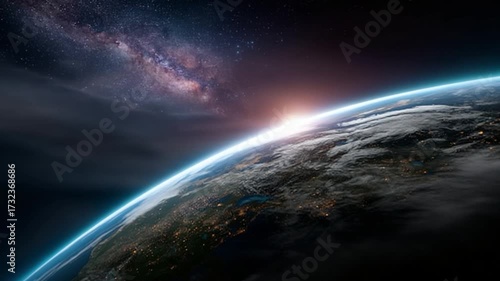 Cosmic sunrise over earth space digital art universe aerial view cosmic beauty