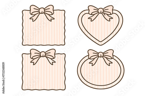 Set of coquette aesthetic frames with bows. Hand-drawn vintage labels for Valentine's day. Girly striped tags in heart, square, oval shape. Cute vector for scrapbook.