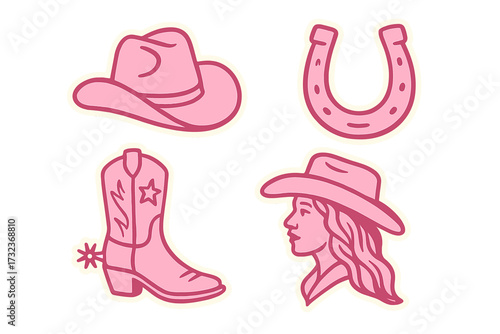 Cowgirl western sticker set in pink. Wild west icons with cowboy hat, boot with spur, horseshoe, and girl silhouette. Girly country vector graphics for bachelorette party.