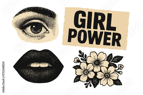 Girl power vintage greeting card design. 8 march happy women's day collage with female eye, lips and flowers. International spring floral torn out zine papers poster.