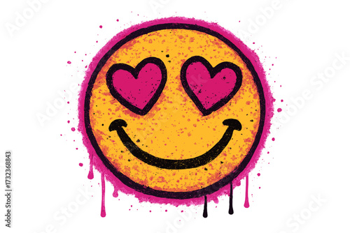 Graffiti smiley face with heart eyes. Urban street art emoticon painted with spray. Cute grunge emoji illustration with texture, drips and leaks. Girlish hand drawn vector.