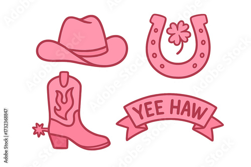 Pink cowgirl sticker set. Vector collection of wild west clipart with cowboy hat, boot with spur, horseshoe with clover for good luck and yee haw banner. Girly rodeo icon.