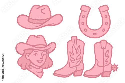 Pink cowgirl western sticker set. Cute girly wild west icon collection with cowboy hat, boot with spur, lucky horseshoe and cowgirl face. Vector graphic for bachelorette party.