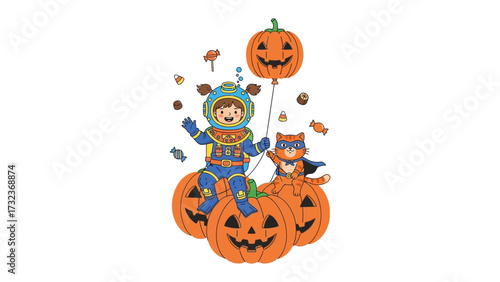Halloween Delight: Two young children, each adorned in festive Halloween costumes, sit upon carved pumpkins, accompanied by a whimsical array of candy and autumn-themed embellishments.
