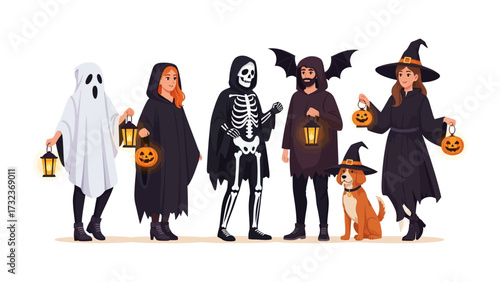 Halloween Costume Gathering: A vibrant collection of individuals, decked in Halloween costumes, stands in a row, lanterns in hand, exuding a festive mood.