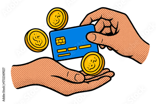 Hands exchanging credit card and gold coins. Pop art vector illustration for online payment, financial transaction, e-commerce, or banking. Secure money transfer and cashback concept.