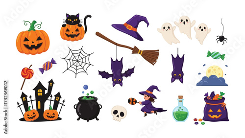 Spooky Halloween Collection: A whimsical assortment of Halloween icons, each rendered in a charming, cartoonish style, perfect for festive designs and seasonal projects.