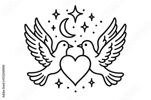 Two doves with a heart, a symbol of love, peace, and romance. Symmetric line art of birds for a wedding. Mystic celestial night sky with moon and stars. Vector for tattoo.