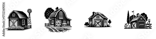 Modern Minimalist Barn with Farm Fields Icon, Flat Silhouette of a Rustic Landscape Vector for Agriculture Illustration Design
