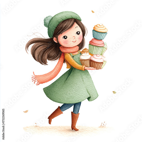 Girl in green dress carrying gifts winter.