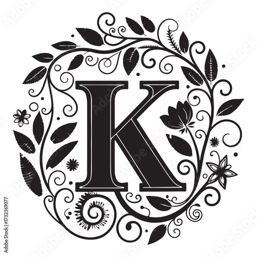 Letter k with floral wreath isolated on white background, a decorative monogram design for personalized stationery and crafts
