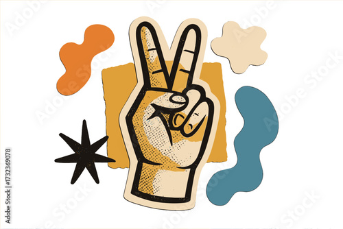 Peace sign hand gesture in a retro collage. Vector illustration with cutout paper shapes, grunge halftone texture. Hippie 70s aesthetic for hope, freedom, and victory concept.