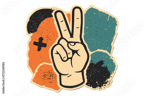 Peace sign hand gesture in retro collage style. Vector illustration of a victory symbol with vintage grunge texture. Groovy 70s cutout paper patch for sticker or print design.