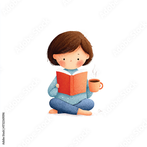 Girl Reading a Book and Drinking Coffee.