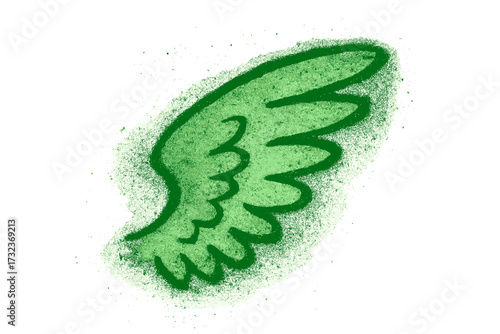 Graffiti wing spray painted green. Urban street art symbol of freedom. Grunge textured aerosol design element isolated on white background. Vector flight and angel concept.