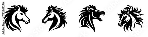 Modern Minimalist Mustang Head Icon, Flat Silhouette of a Side View Horse Head with Thick Hair Vector for Wildlife Illustration Design