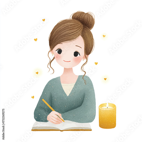 Girl writing in a notebook with a candle nearby.