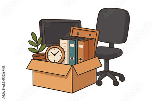 Moving to a new office. Fired, laid off, or new job concept. Cardboard box with office supplies: monitor, folders, clock, plant. Relocation, unemployment, career change vector.